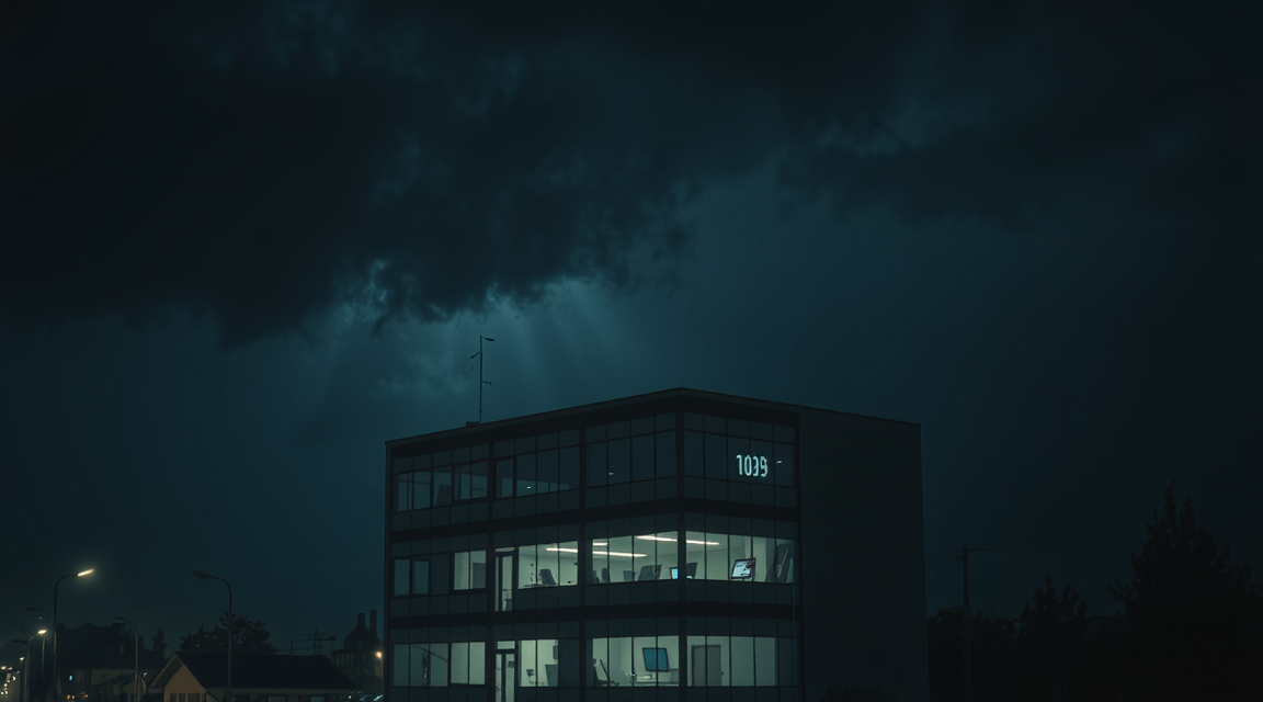 Een kantoorgebouw in de nacht met monitorlicht zichtbaar van binnen