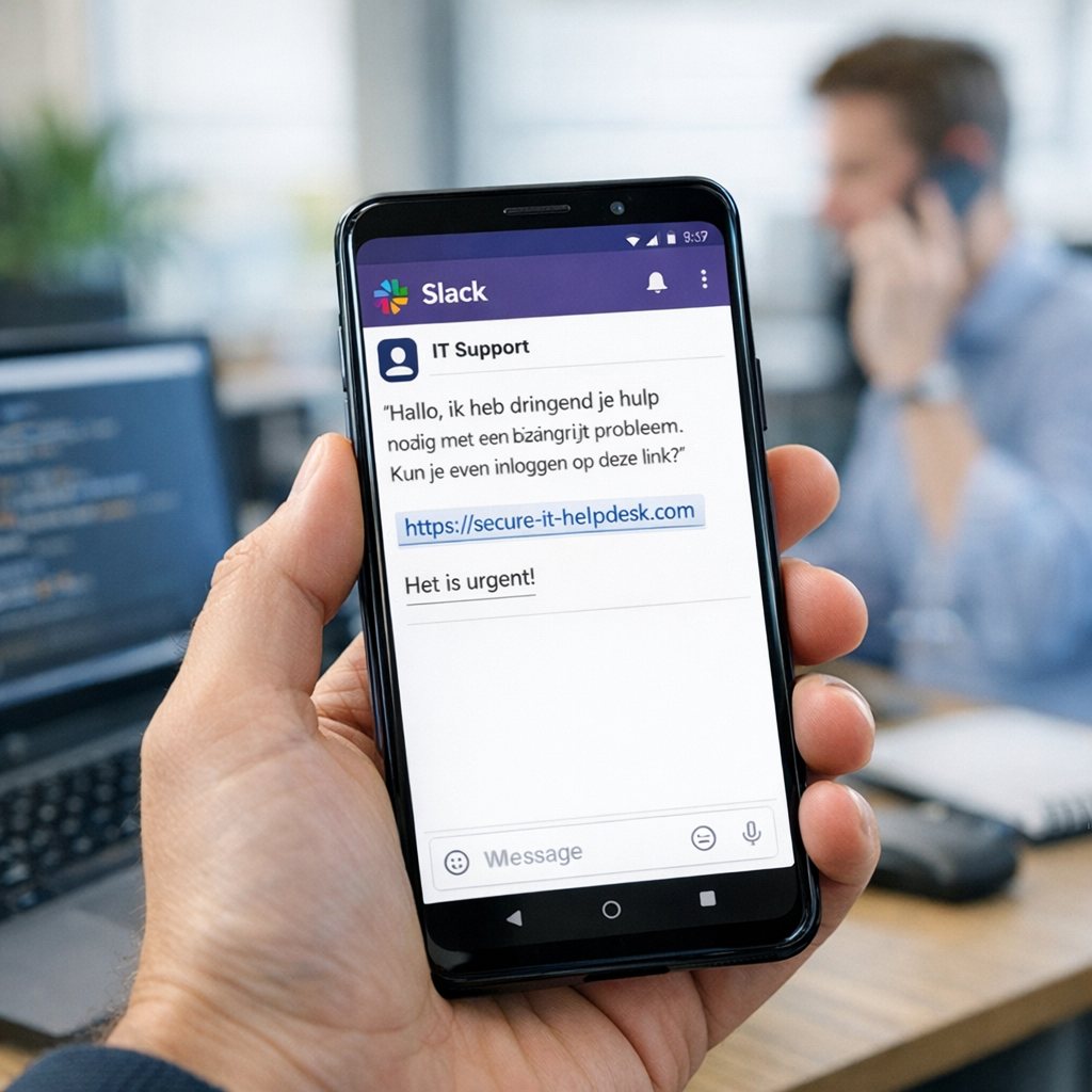 Een hand die een telefoon vasthoudt in een kantooromgeving